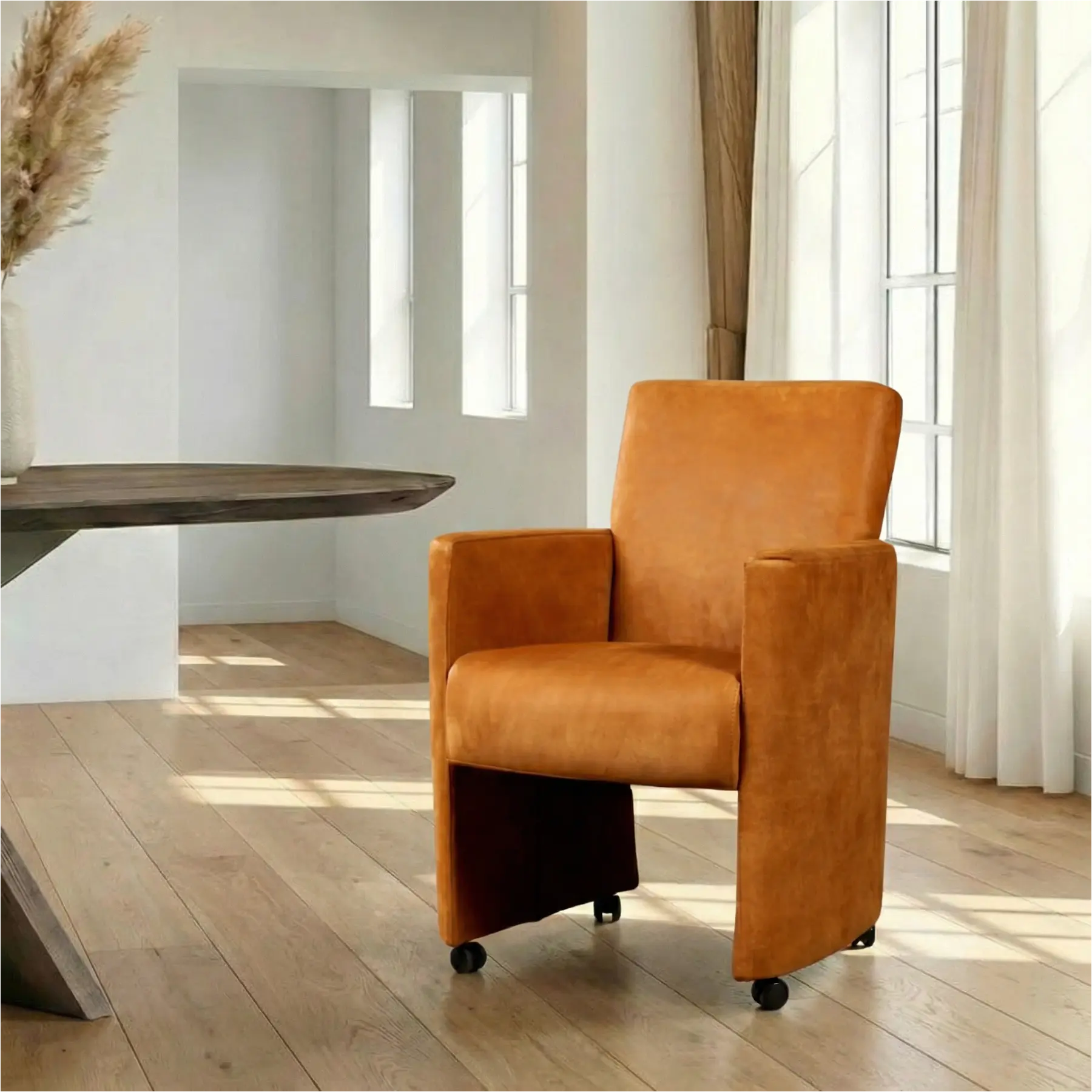 afbeelding van Leren eetkamerstoel Elegant - Kenia Cognac (cognac) - Met handgreep RVS